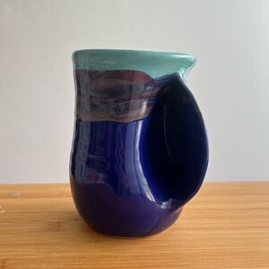 Neher signed Hand Warming Drip Glaze Pottery Mug Blue Coffee Cup 2018